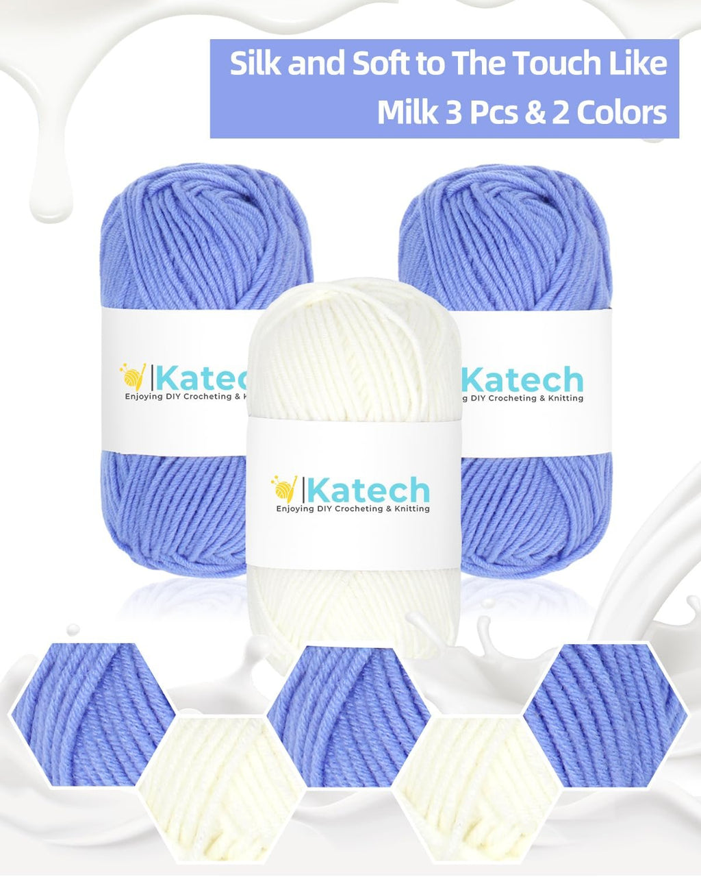 Three balls of yarn, two blue and one white, with smaller hexagonal swatches of yarn below. Milk splash effect in background.