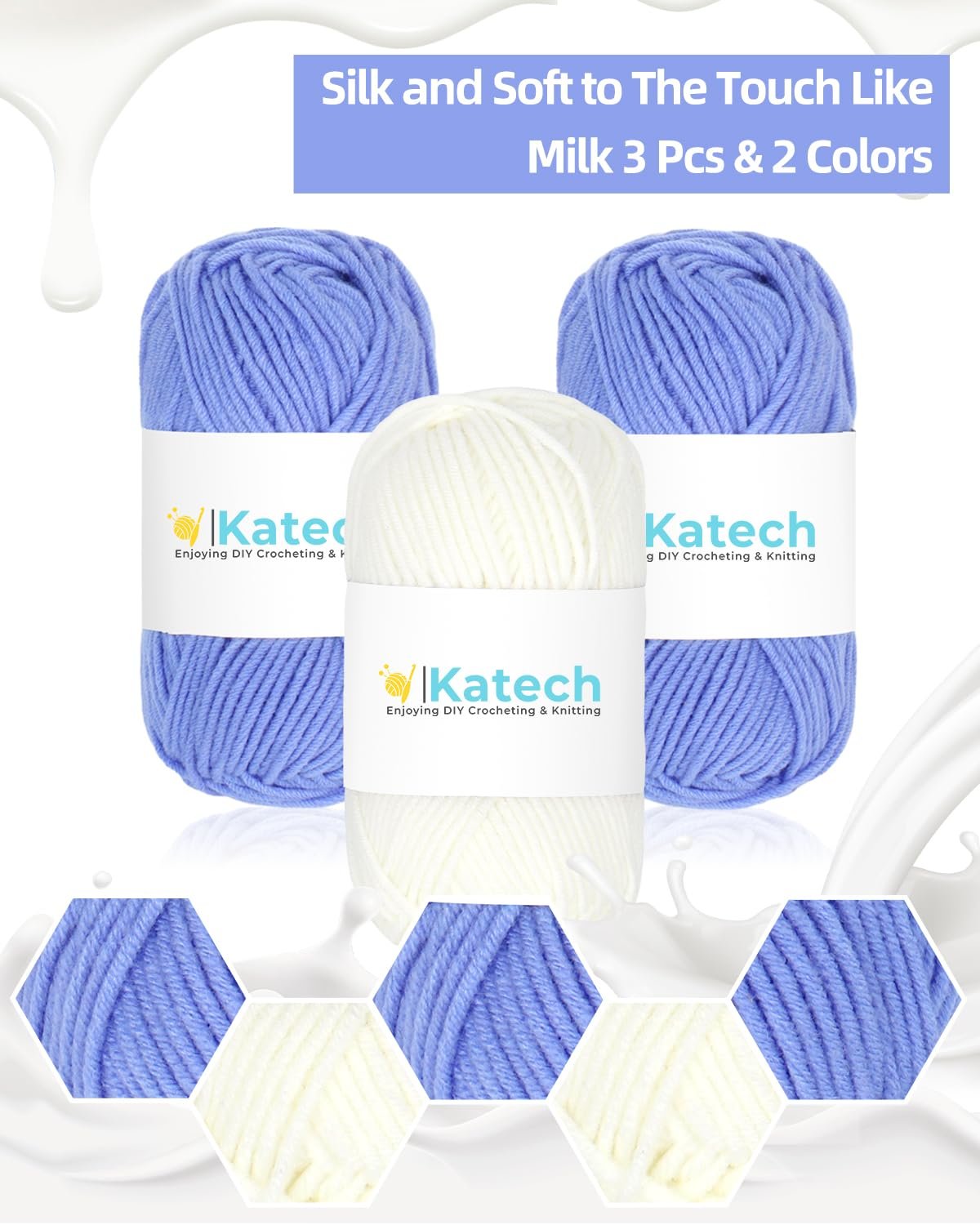 Three balls of yarn, two blue and one white, with smaller hexagonal swatches of yarn below. Milk splash effect in background.