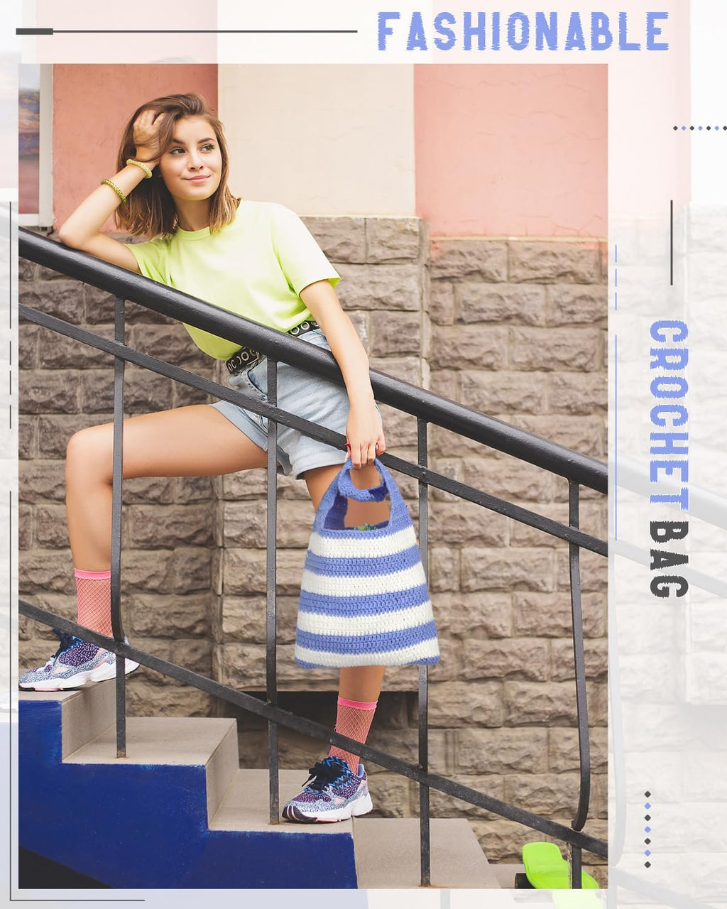 Woman holding a striped crochet tote bag while sitting on stairs, wearing a neon yellow t-shirt and denim shorts.