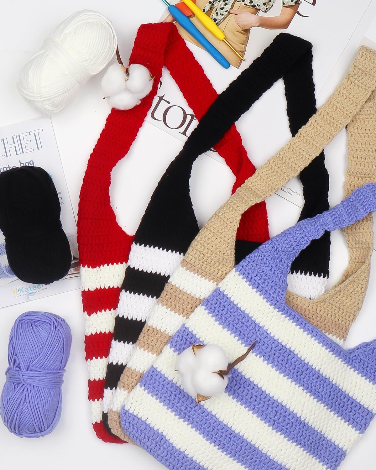 Crochet tote bag kit with yarn rolls, crochet hooks, and cotton bolls on a white background.