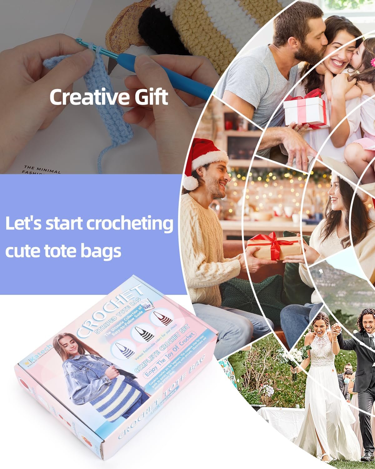 Crochet tote bag kit box with yarn and instructions, surrounded by lifestyle images of people gifting and celebrating.