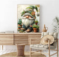 Paint by Numbers kit featuring a gnome adorned with succulents, surrounded by potted plants, displayed in a room setting.