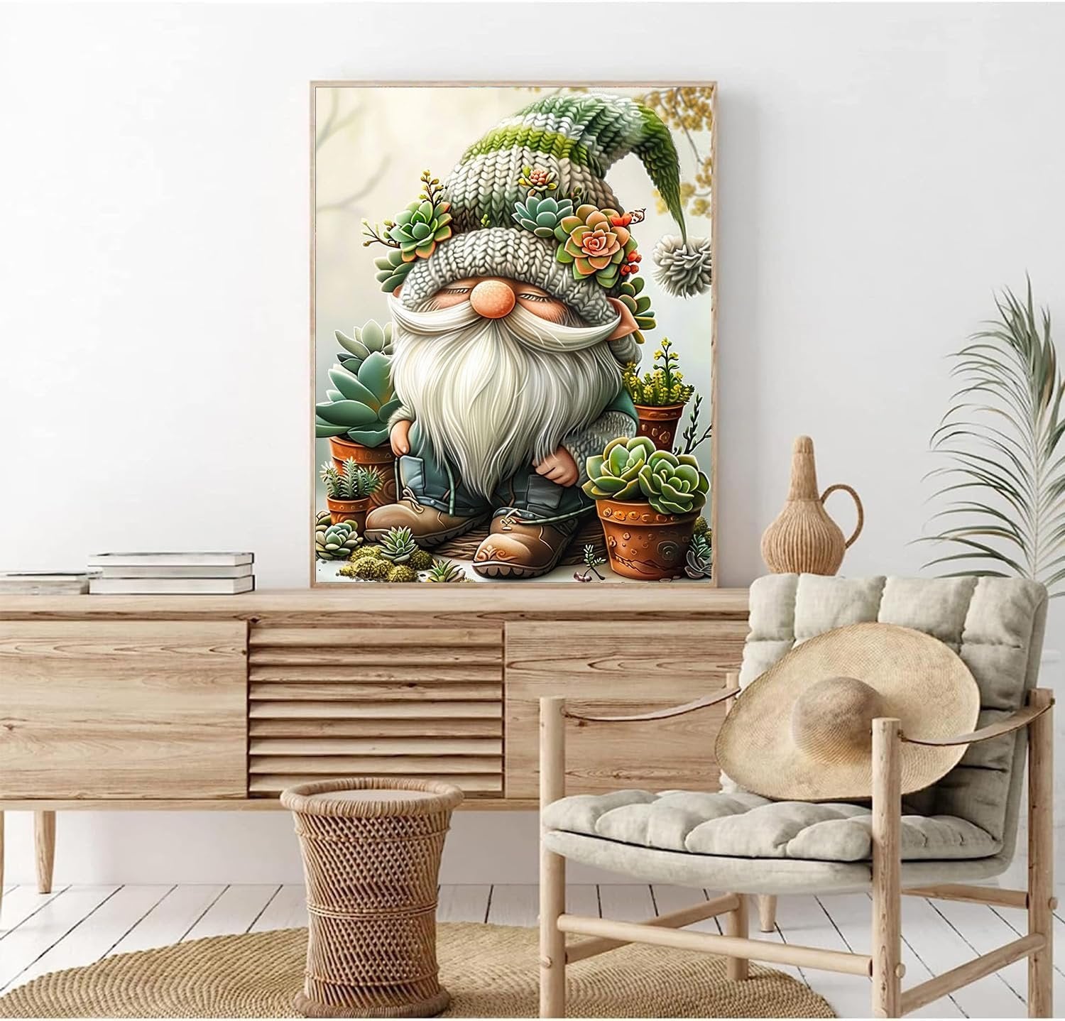 Paint by Numbers kit featuring a gnome adorned with succulents, surrounded by potted plants, displayed in a room setting.