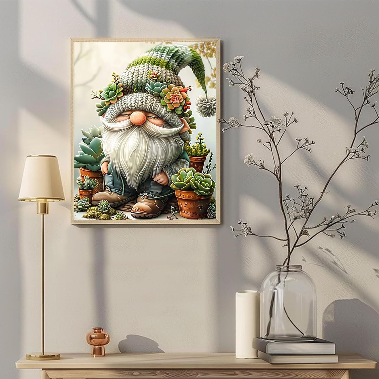 Paint by numbers kit featuring a gnome with a succulent-decorated hat, surrounded by potted plants.
