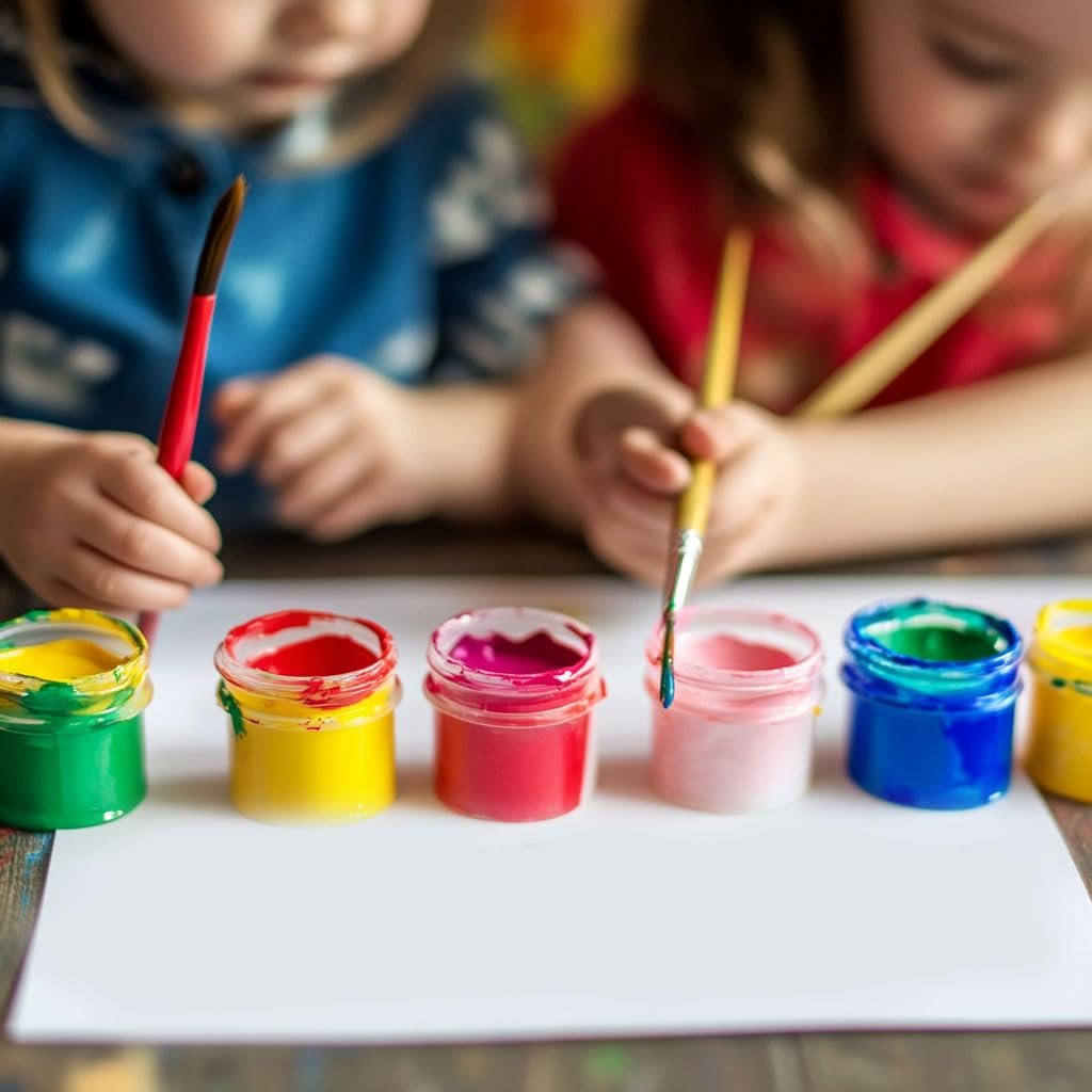 Two children painting with colorful acrylic paints and brushes on white paper
