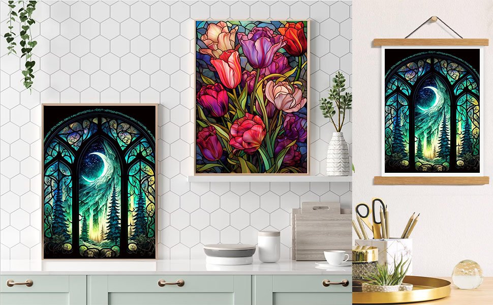 Diamond art painting of a crescent moon and forest scene through a gothic window, displayed on a shelf and wall.