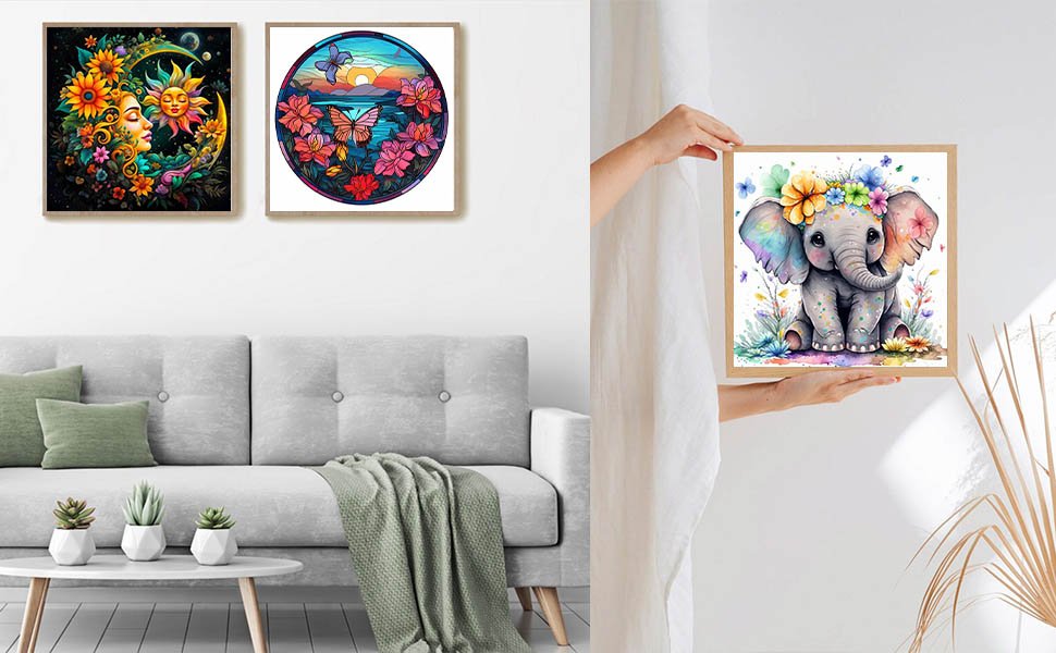 Diamond art painting of a cute baby elephant with flowers on its head, held by hands in a room setting.