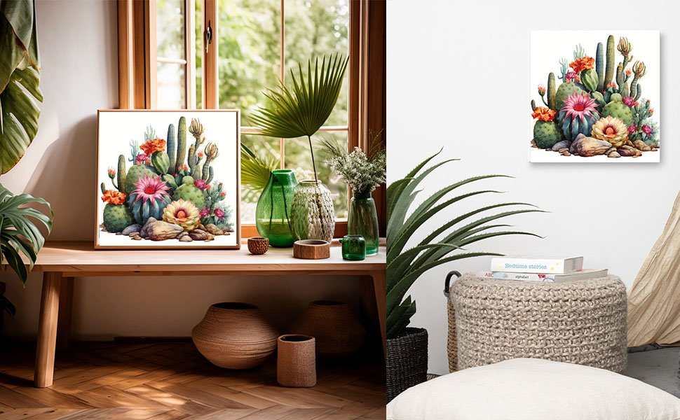 Diamond art painting of a cactus arrangement with pink, orange, and yellow flowers displayed on a wooden table and wall.