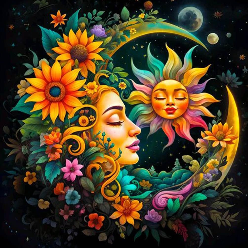 Sun and Moon diamond art painting kit featuring a woman's profile surrounded by flowers and celestial bodies.