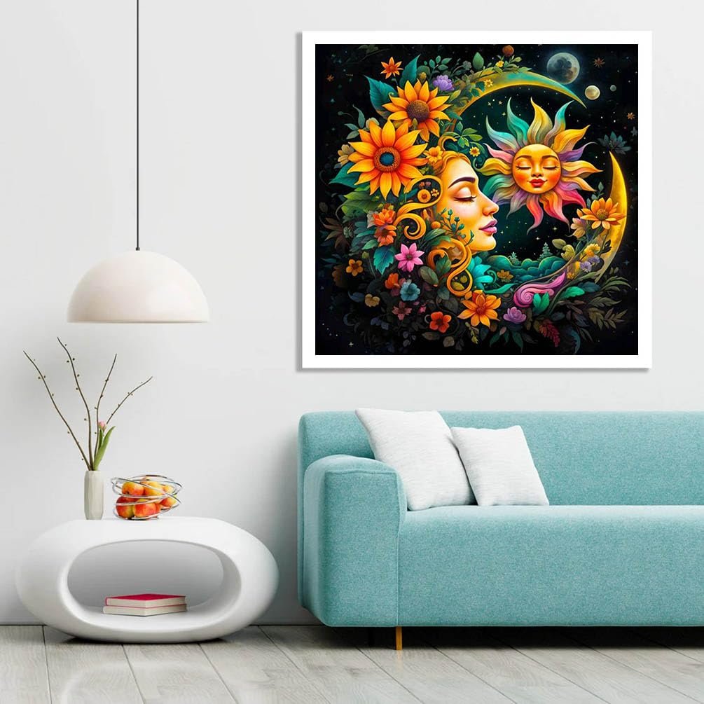 Diamond art painting kit featuring a woman's profile surrounded by flowers, a crescent moon, and a smiling sun against a starry night sky.