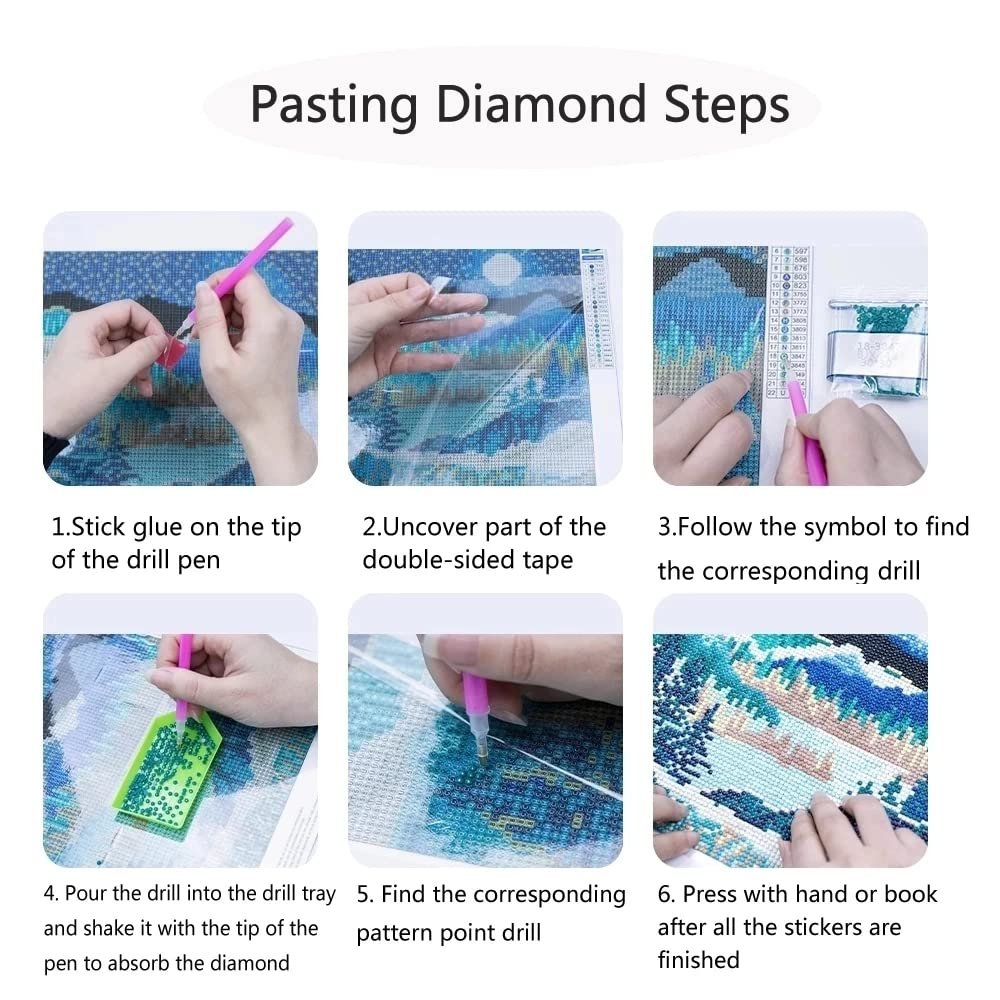 Diamond painting kit instructions showing six steps for applying diamonds to a canvas.