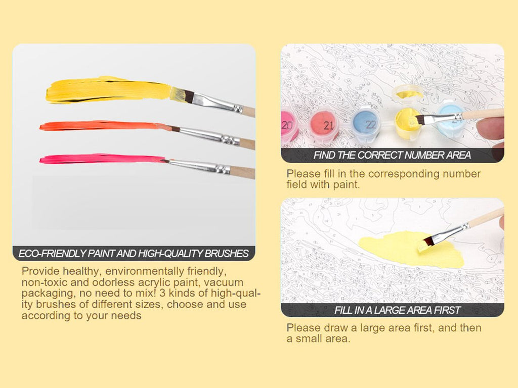 Paint by numbers kit showing three paint brushes with colorful paint strokes and instructions on filling numbered areas.
