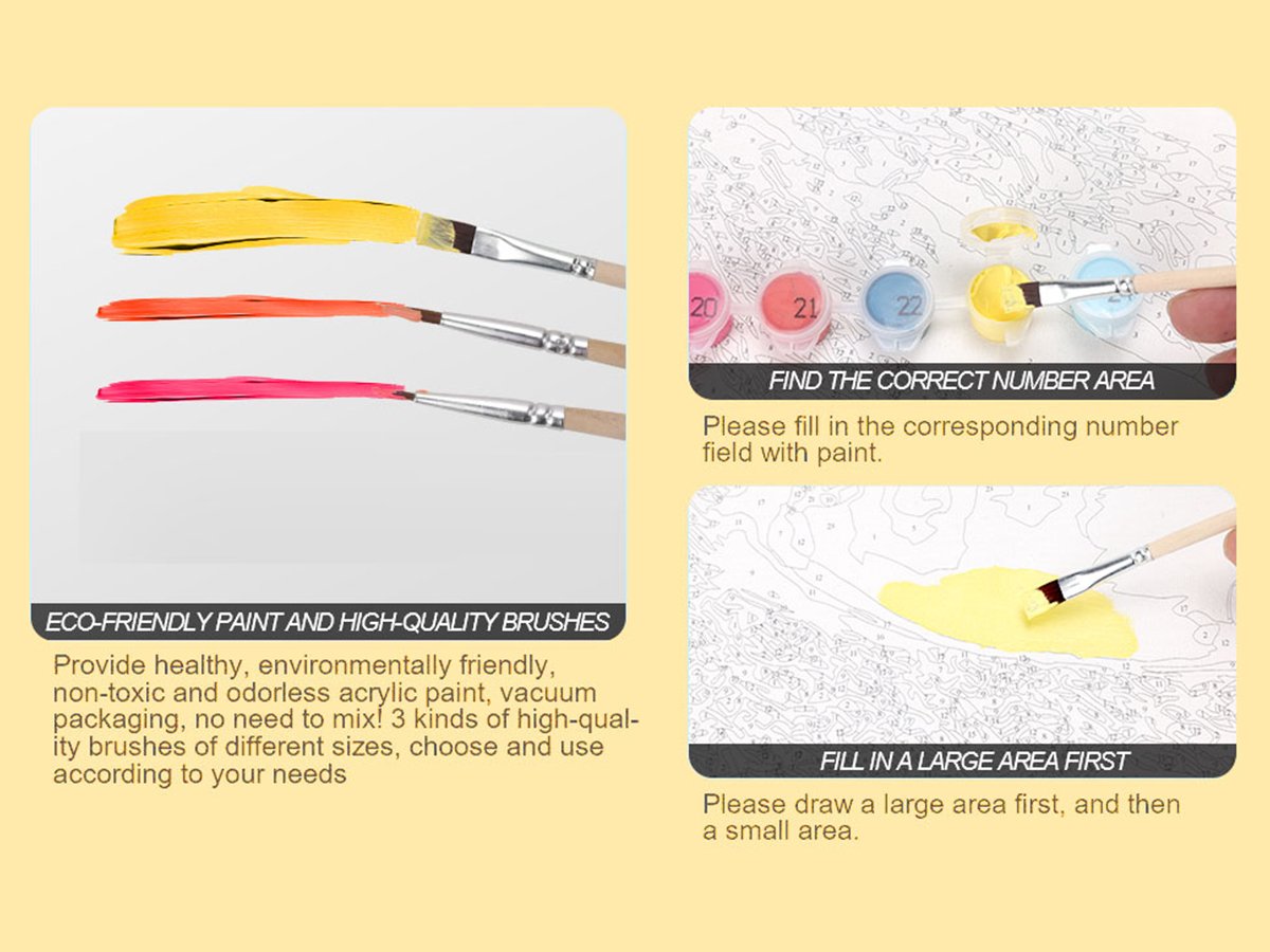Paint by numbers kit showing three paint brushes with colorful paint strokes and instructions on filling numbered areas.