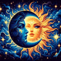 Sun and Moon faces in profile against a starry night sky with swirling clouds and celestial bodies.