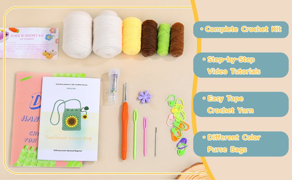 Sunflower phone bag crochet kit contents including yarn, hooks, needles, pattern book, and accessories.