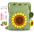 Crochet sunflower phone bag kit with yarn, hooks, needles, stitch markers, and a small flower accessory.