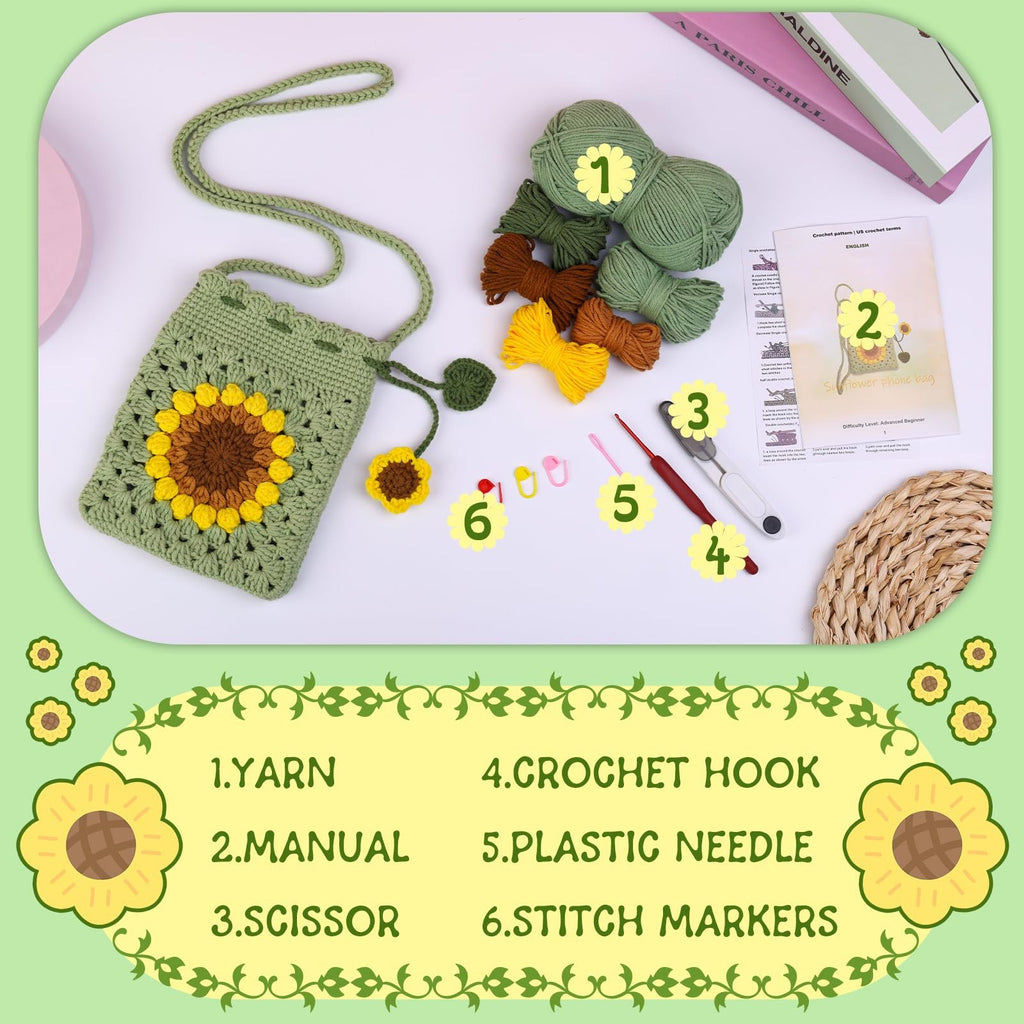 Crochet sunflower phone bag kit contents laid out with yarn, hook, needle, scissors, and manual.