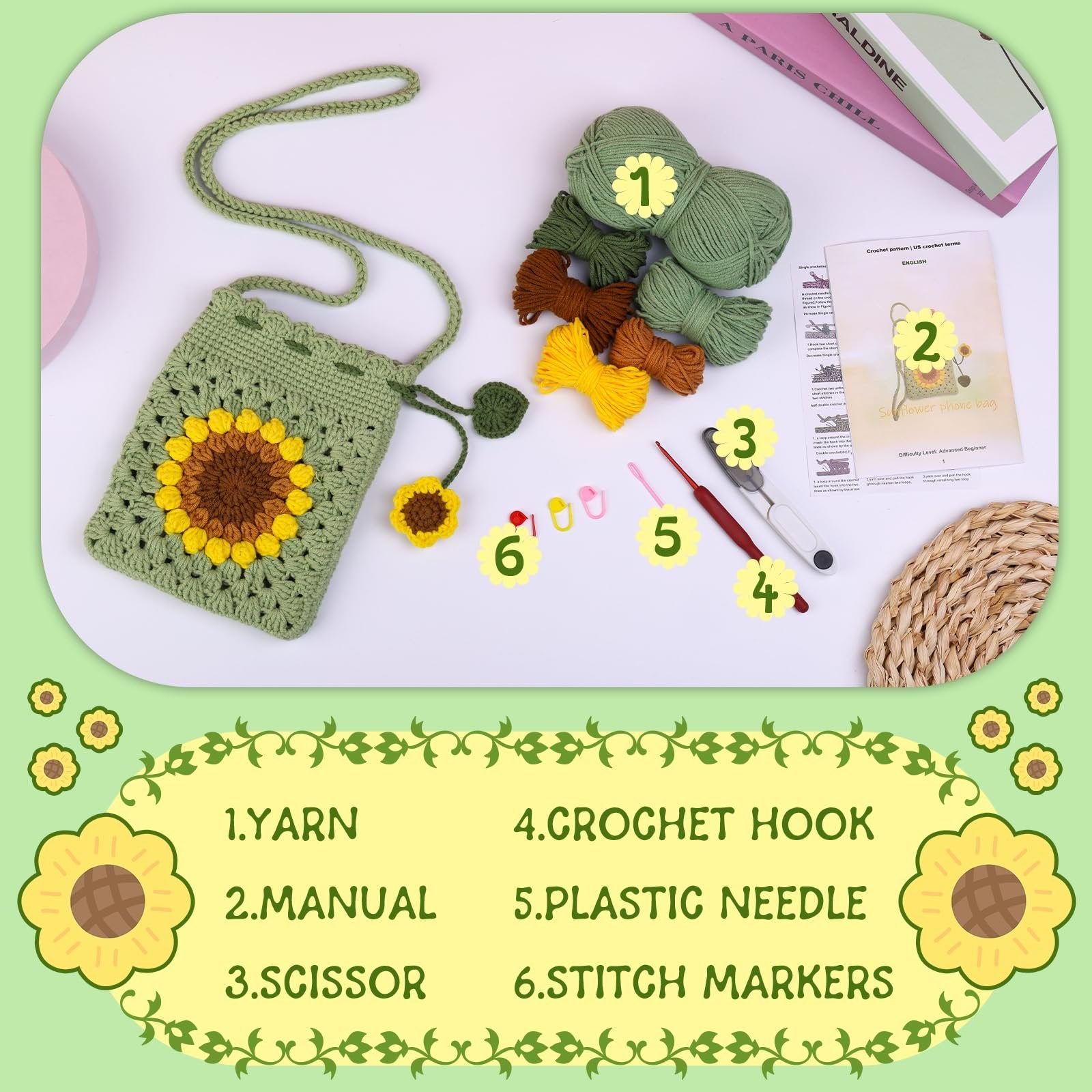 Crochet sunflower phone bag kit contents laid out with yarn, hook, needle, scissors, and manual.