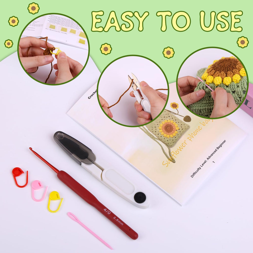 Crochet kit with tools and instructions for making a sunflower phone bag. Includes crochet hook, scissors, yarn, and a manual.