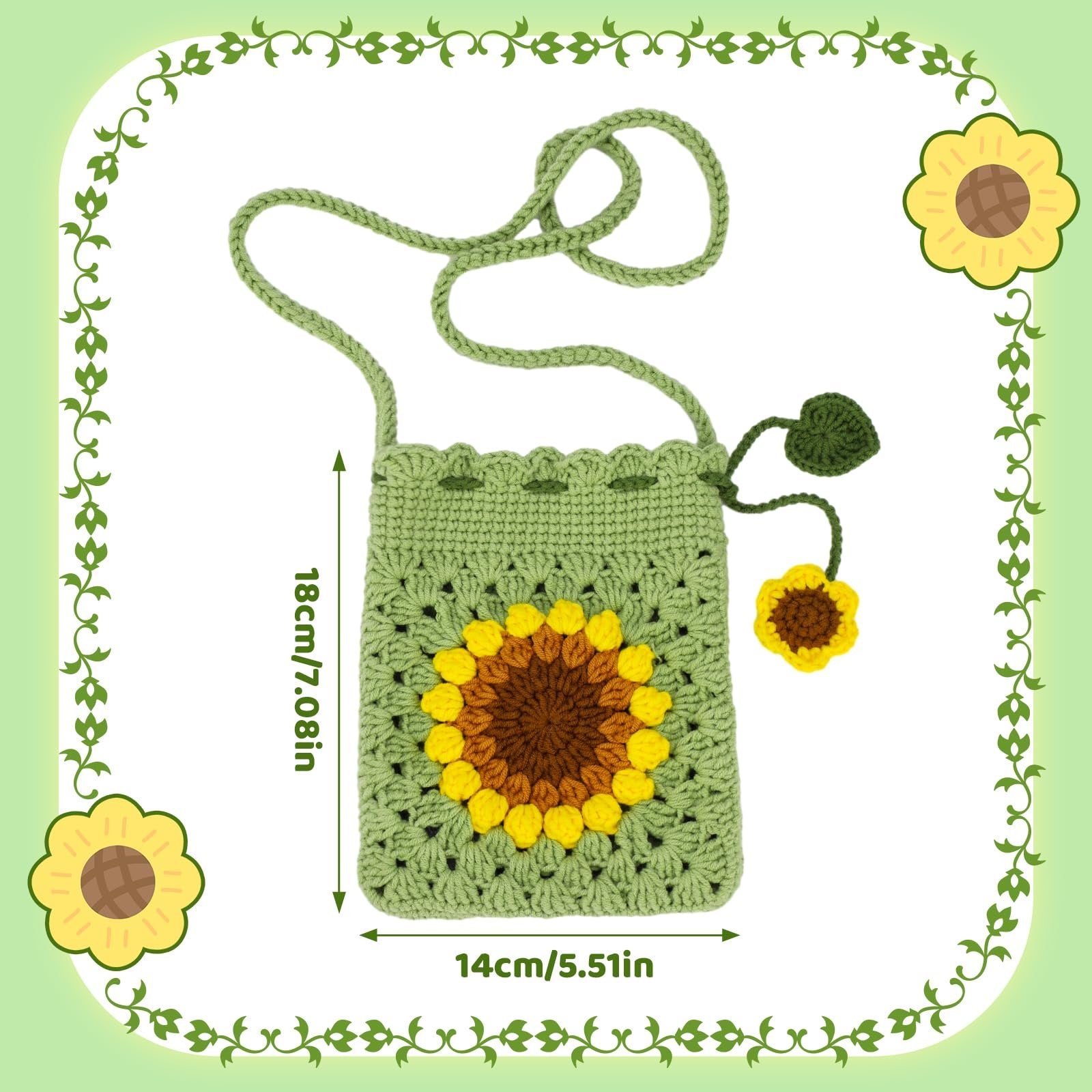 Crocheted green sunflower phone bag with strap, showing dimensions 18cm/7.08in height and 14cm/5.51in width.