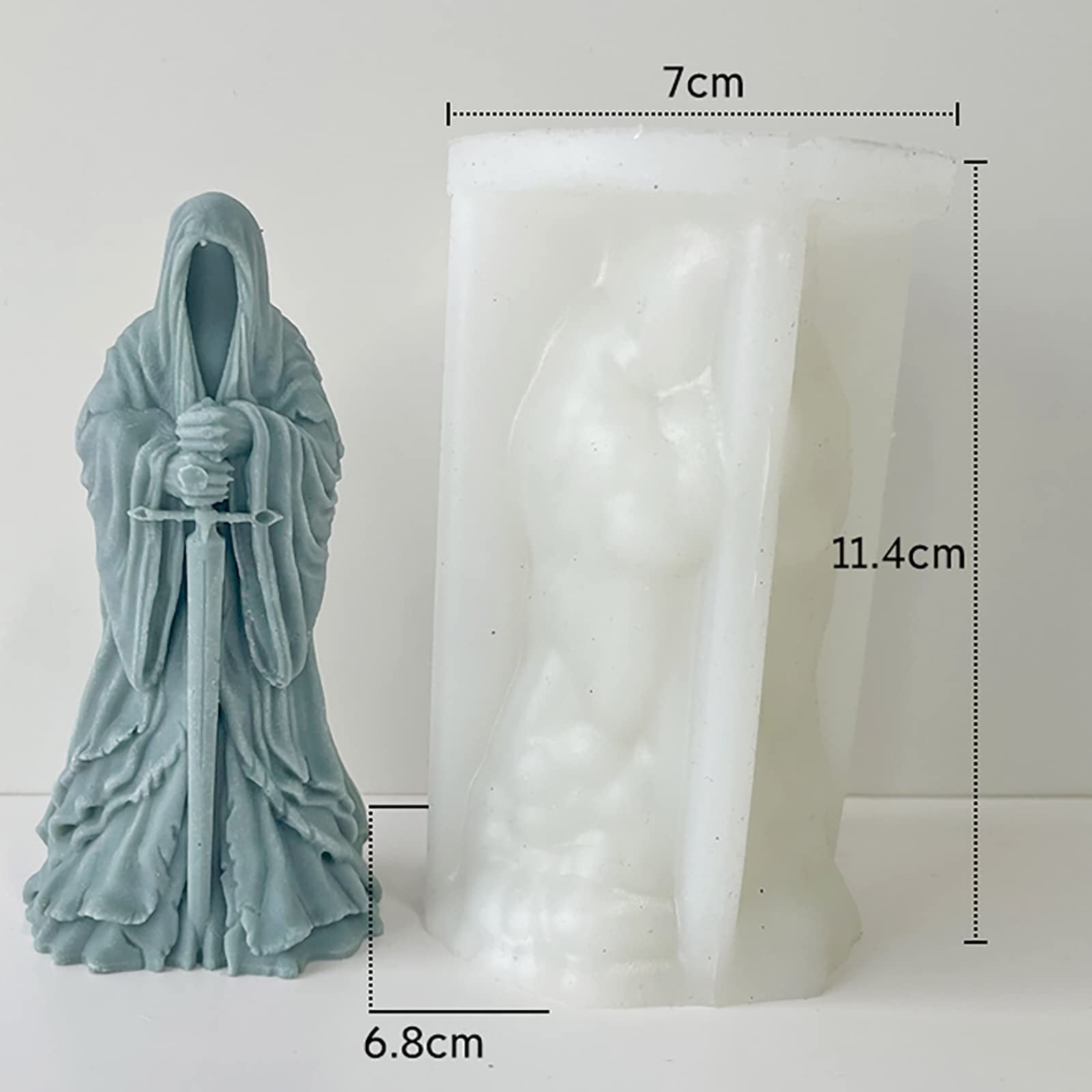 Silicone mold for candle making next to a gray wax figure of a hooded sword-wielding figure, with dimensions indicated.