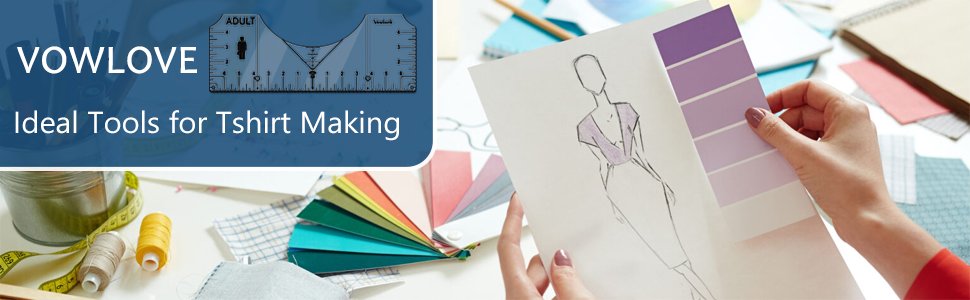 T-shirt ruler alignment tool and fashion sketch with color swatches on a desk