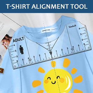 Clear T-shirt alignment ruler tool with measurements and markings, placed on a light blue t-shirt with a sun graphic.
