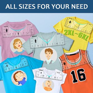 T-shirt ruler alignment tools shown on various t-shirts and a basketball jersey, displaying different sizes.