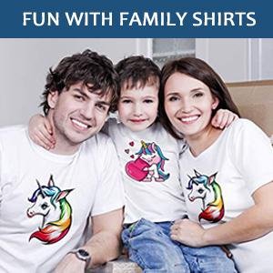 Family wearing matching unicorn t-shirts, with a blue banner above reading 'FUN WITH FAMILY SHIRTS'.