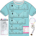 T-shirt ruler alignment tool set with five rulers, pins, measuring tape, and chart on a teal t-shirt.