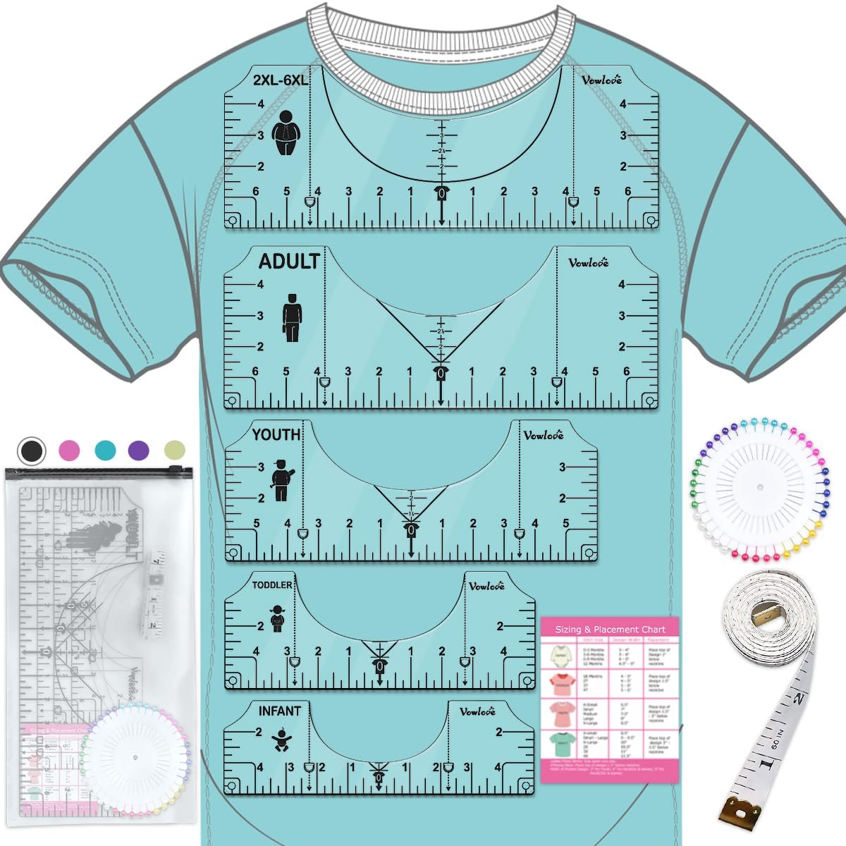 T-shirt ruler alignment tool set with five rulers, pins, measuring tape, and chart on a teal t-shirt.