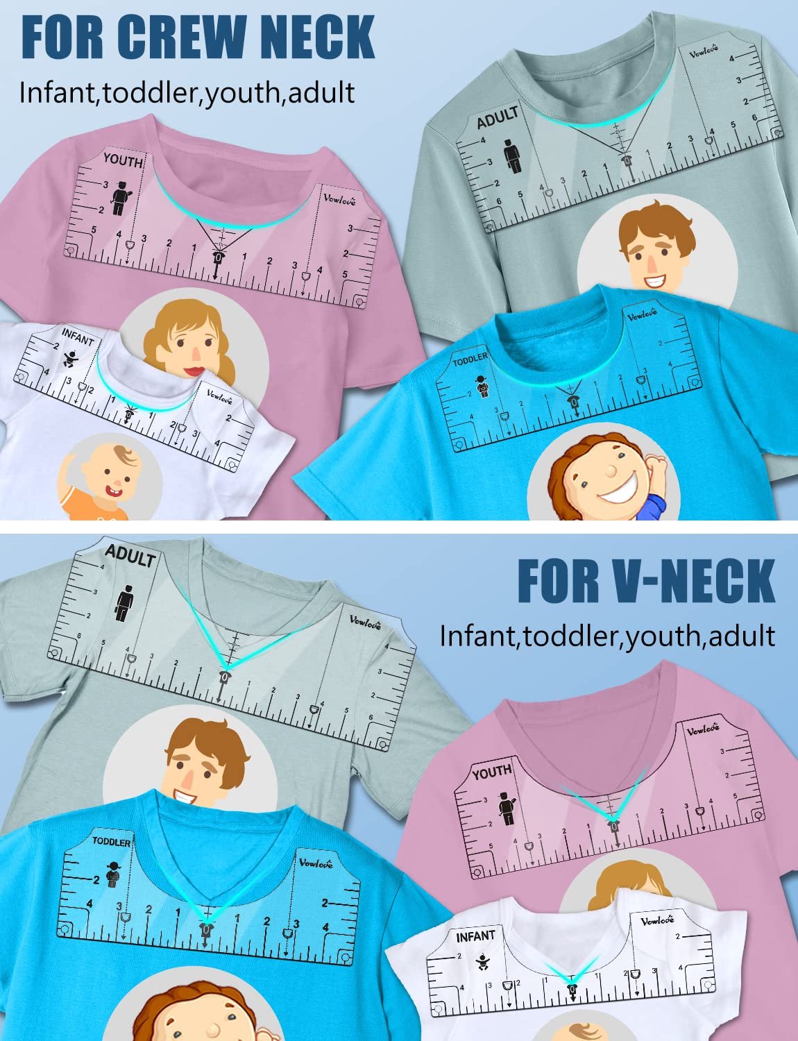 T-shirt alignment rulers shown on various sizes of t-shirts for crew neck and v-neck styles.