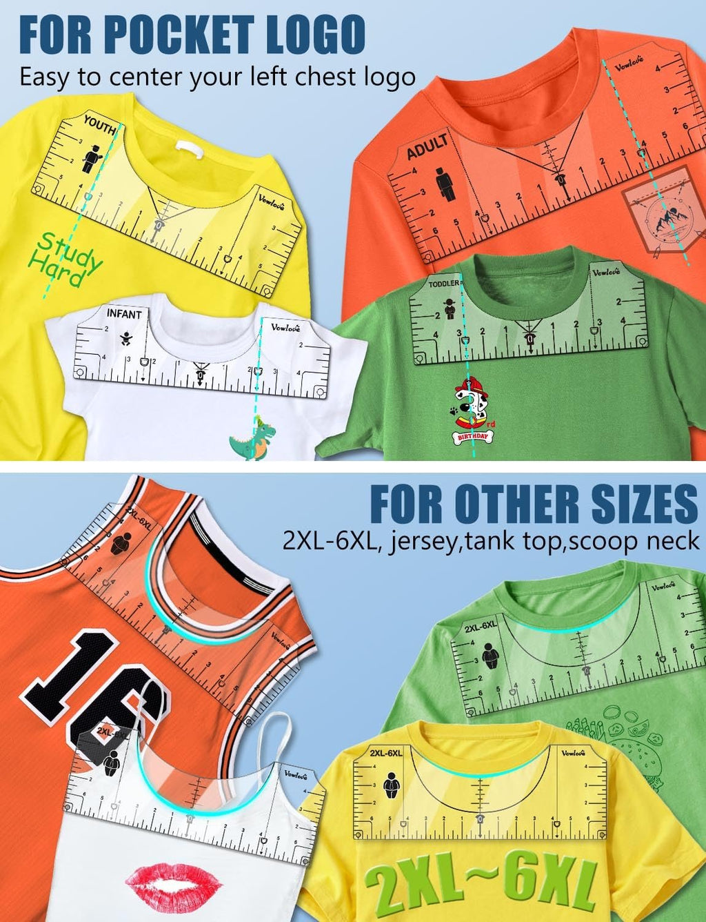 T-shirt alignment rulers shown on various t-shirts and tank tops for different sizes and styles.