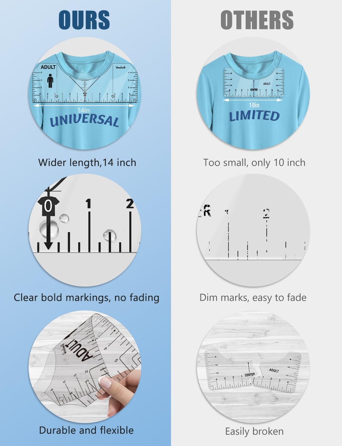 Comparison of two t-shirt ruler alignment tools, showing one as wider and clearer than the other.