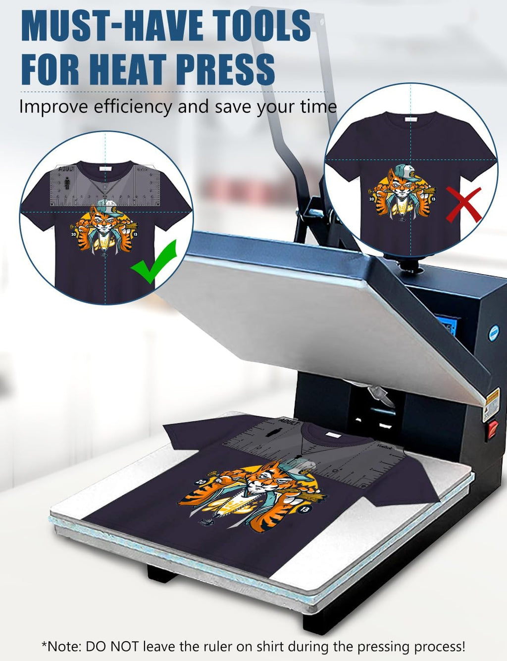 T-shirt ruler alignment tool set shown on a heat press with examples of correct and incorrect placement.