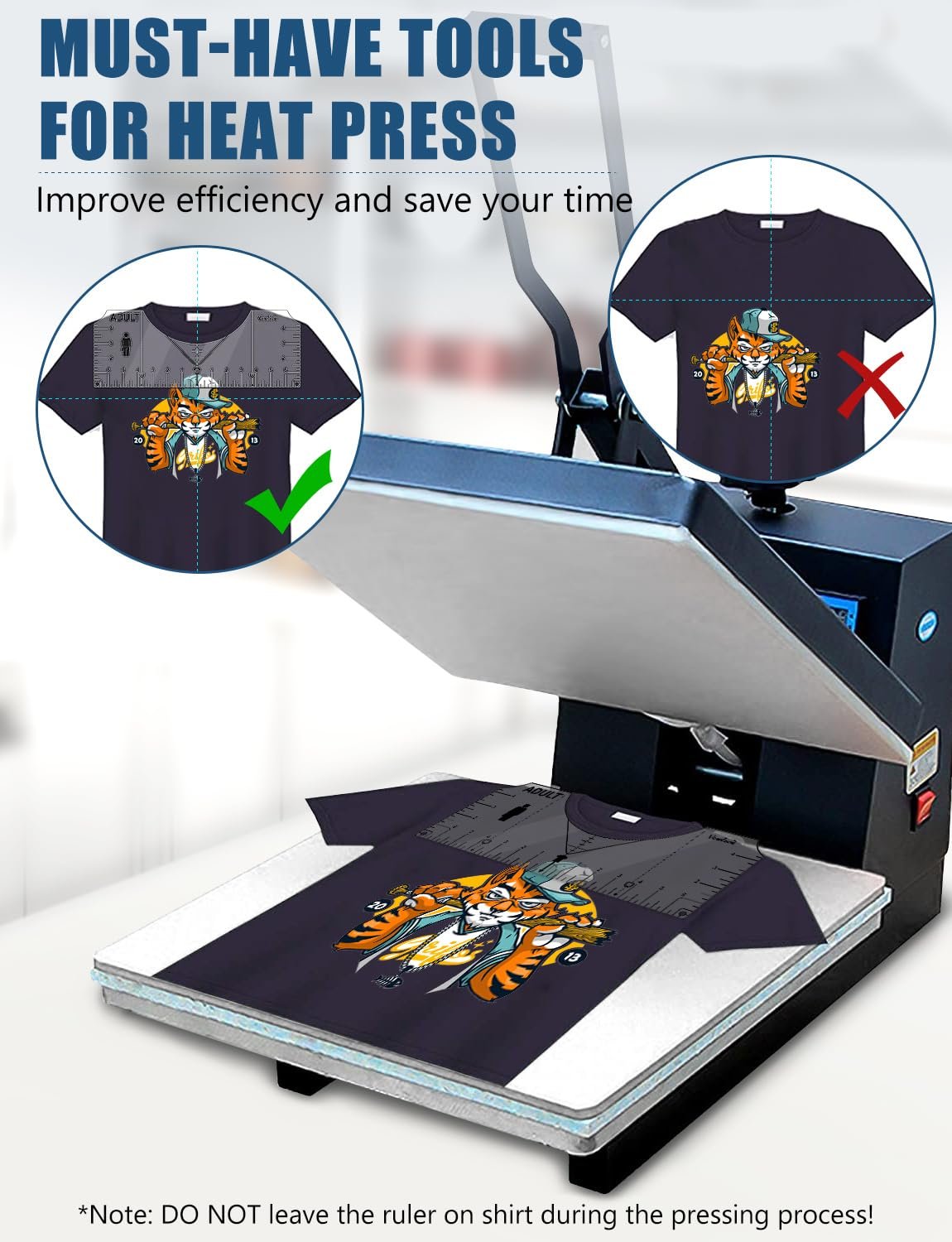 T-shirt ruler alignment tool set shown on a heat press with examples of correct and incorrect placement.
