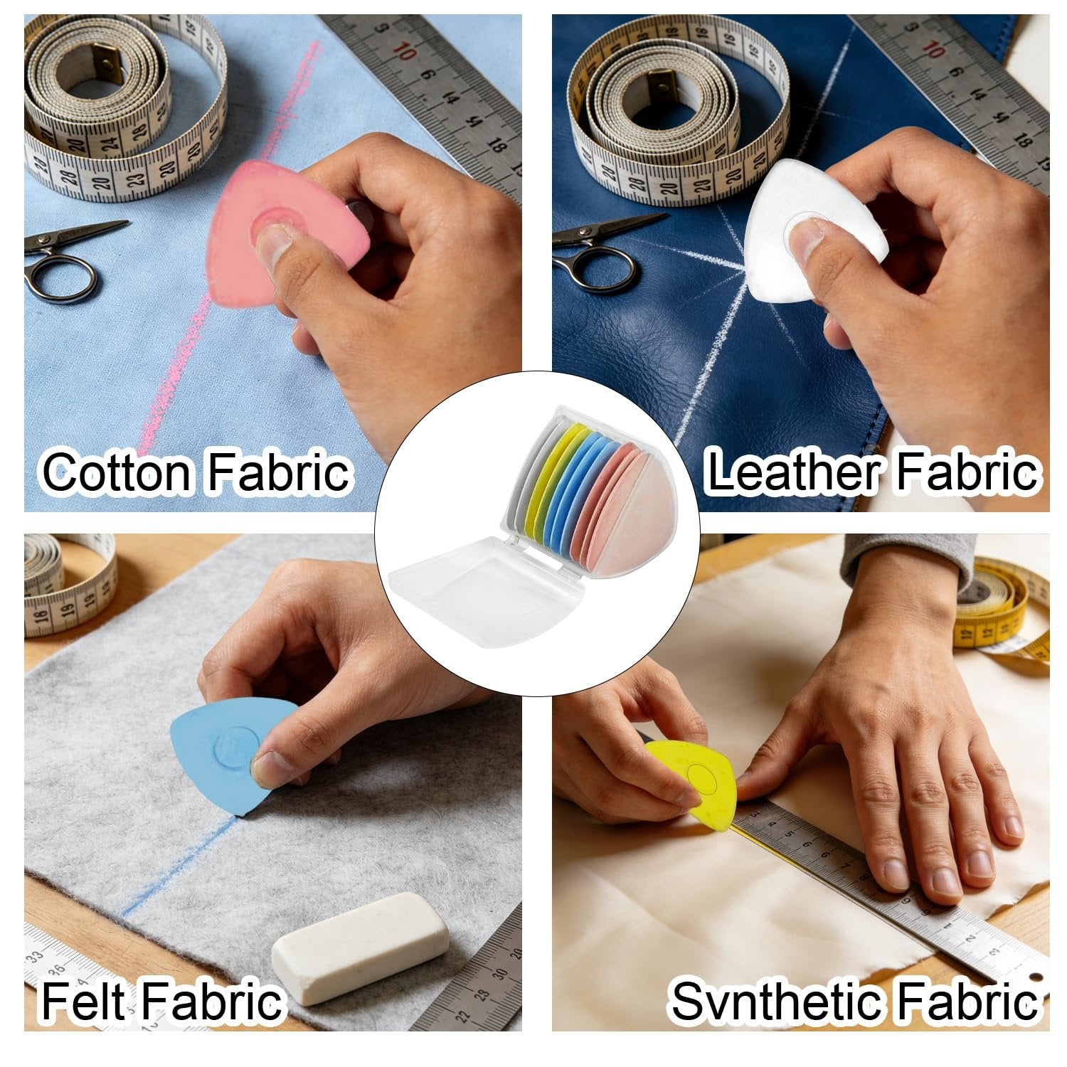 Four hands demonstrating tailor's chalk on different fabrics: cotton, leather, felt, and synthetic, with a central inset of the chalk set in its case.