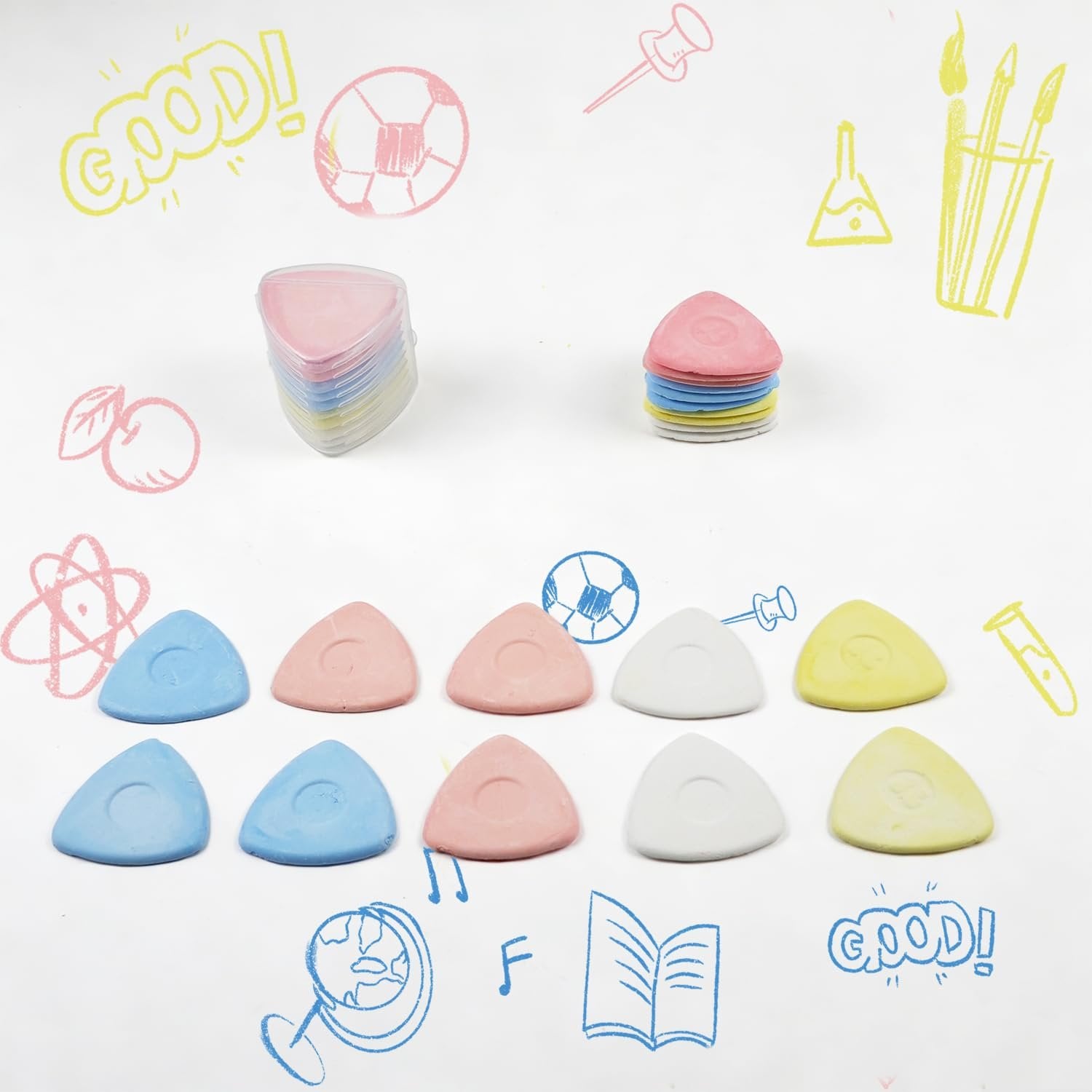 Tailor's chalk in pink, blue, white, and yellow arranged on a white background with colorful doodles.
