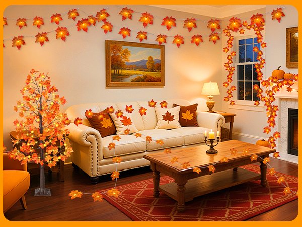 Living room decorated for fall with maple leaf garlands and a lighted maple tree