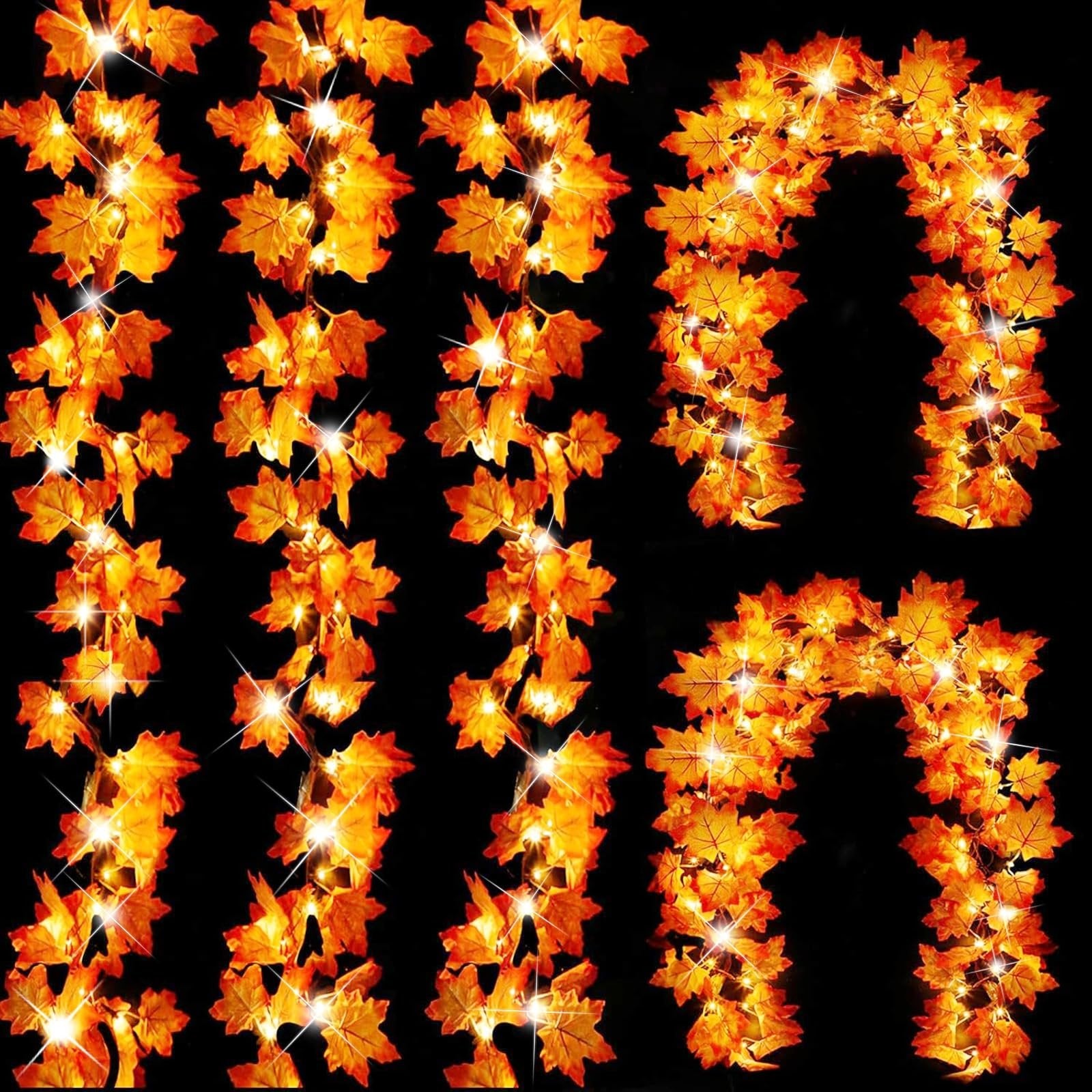Autumn maple leaf garland with warm LED lights, displayed in vertical strands and arched shapes against a black background.