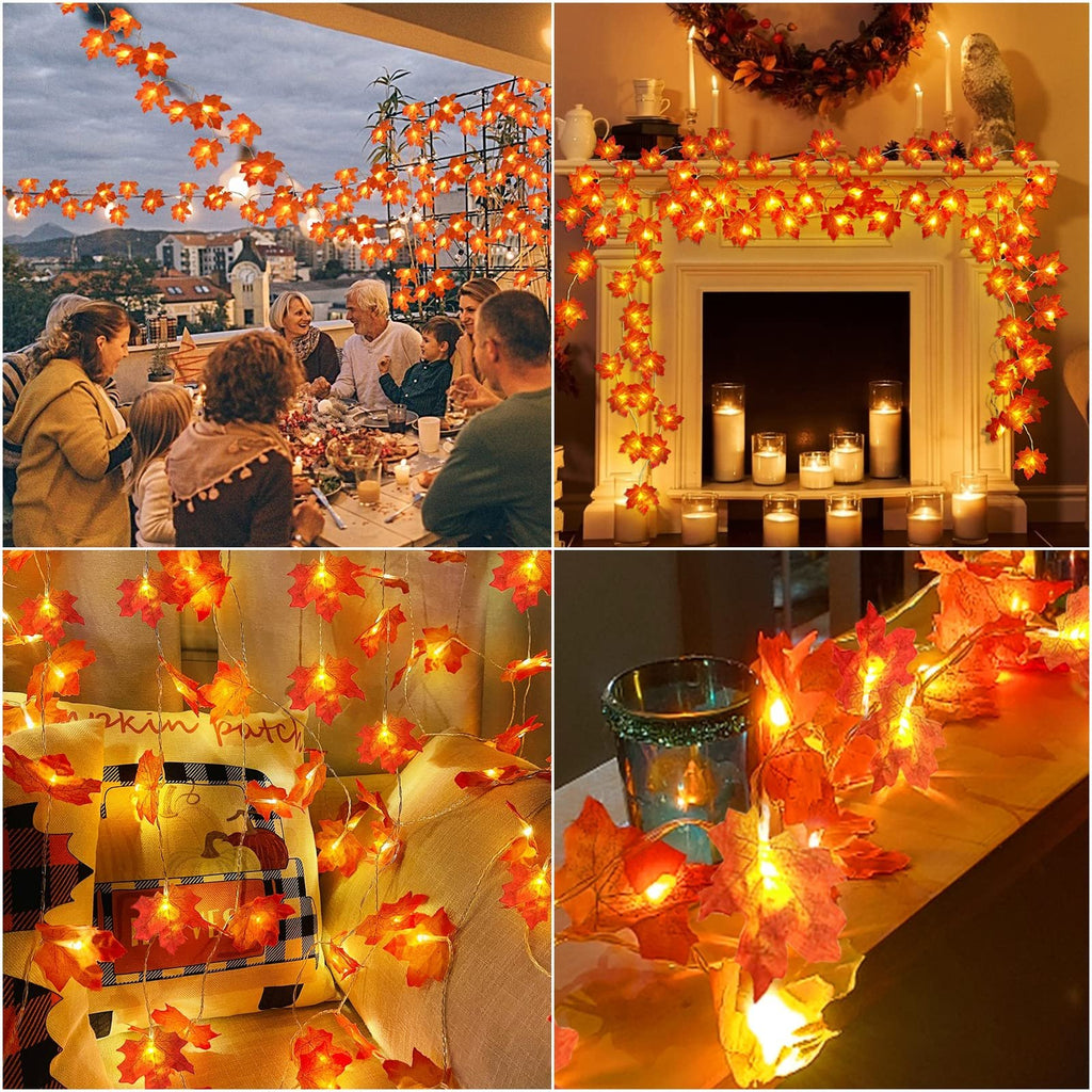 Autumn maple leaf string lights draped over a fireplace and on a balcony during a dinner party.
