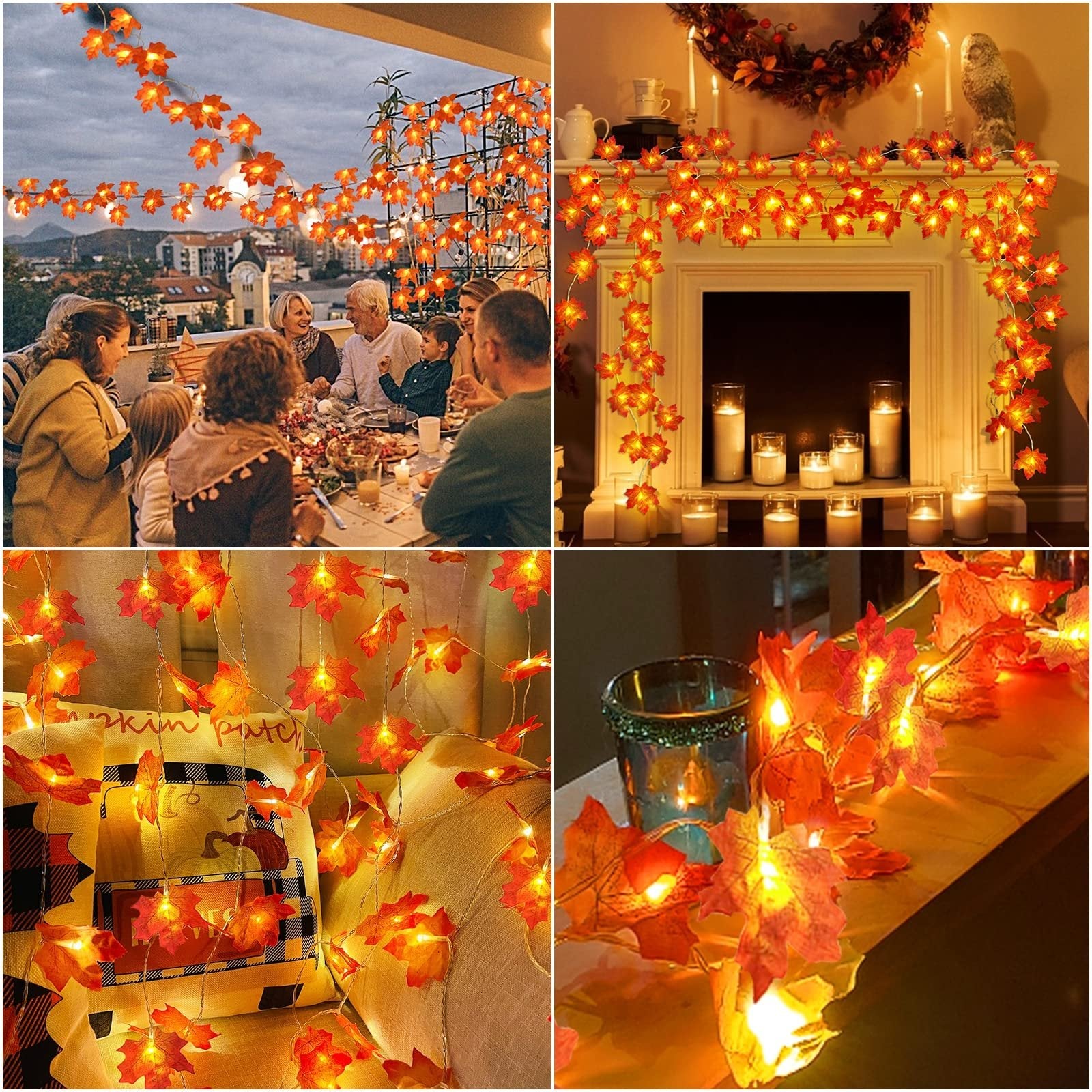 Autumn maple leaf string lights draped over a fireplace and on a balcony during a dinner party.