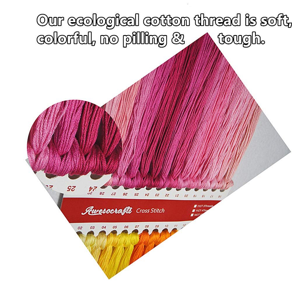 Close-up of pink and yellow cotton embroidery threads organized on a card with color numbers and brand name.