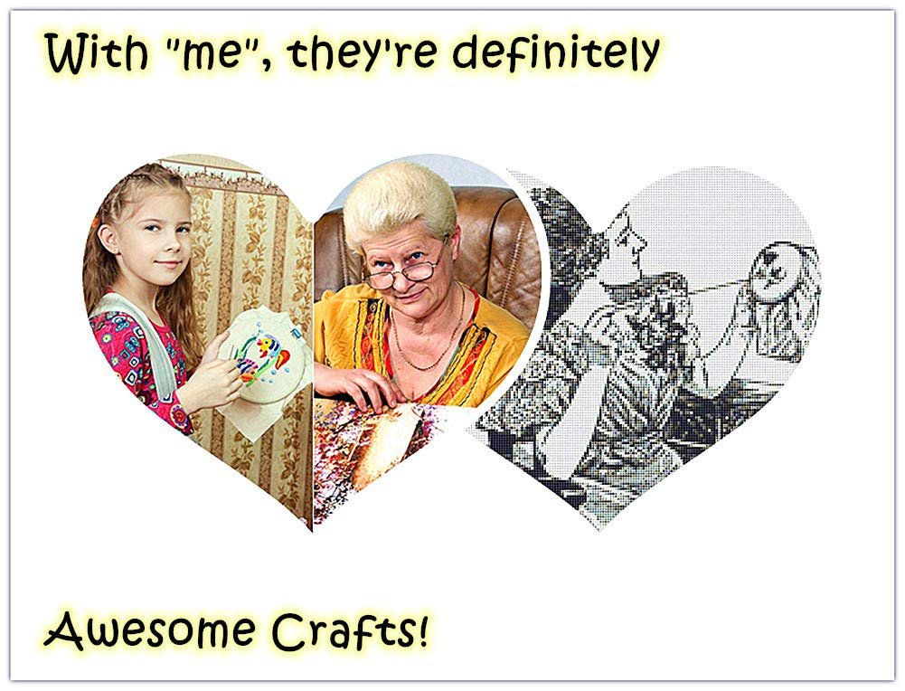 Three heart-shaped panels showing a young girl with a cross-stitch project, an older woman cross-stitching, and a detailed cross-stitch pattern.