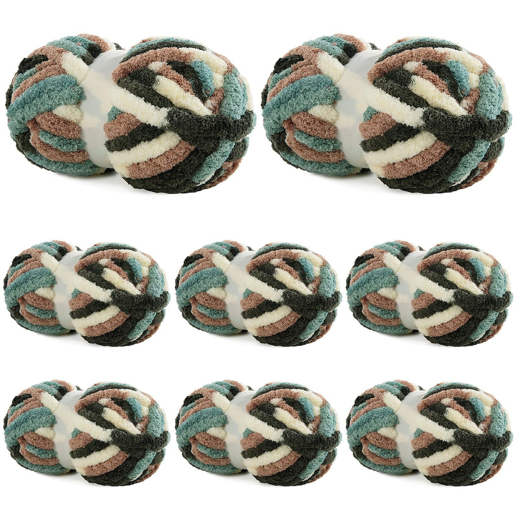 Nine balls of chunky chenille yarn in apricot green tie-dye pattern, arranged in a 3x3 grid on a white background.