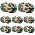 Nine balls of chunky chenille yarn in apricot green tie-dye pattern, arranged in a 3x3 grid on a white background.