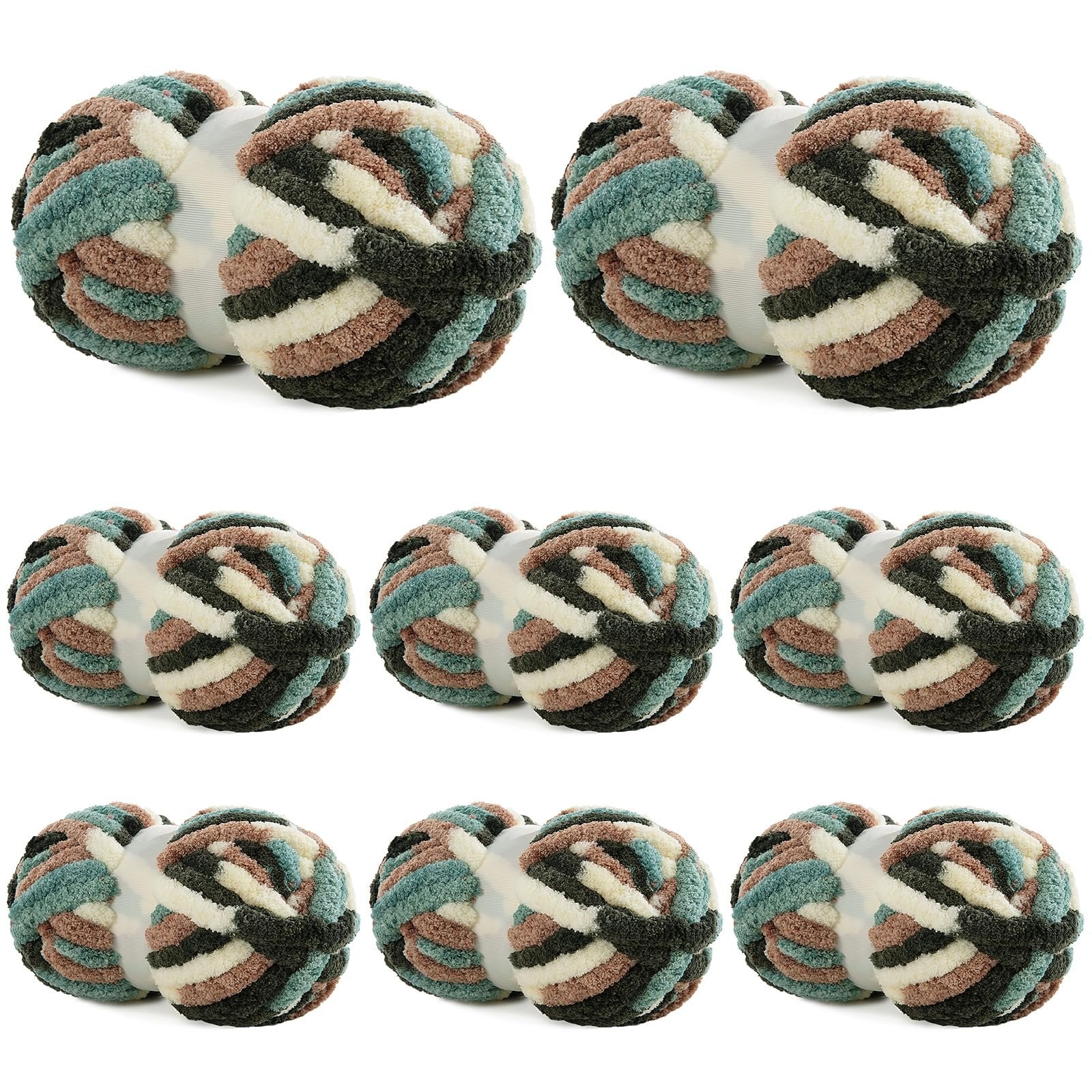 Nine balls of chunky chenille yarn in apricot green tie-dye pattern, arranged in a 3x3 grid on a white background.
