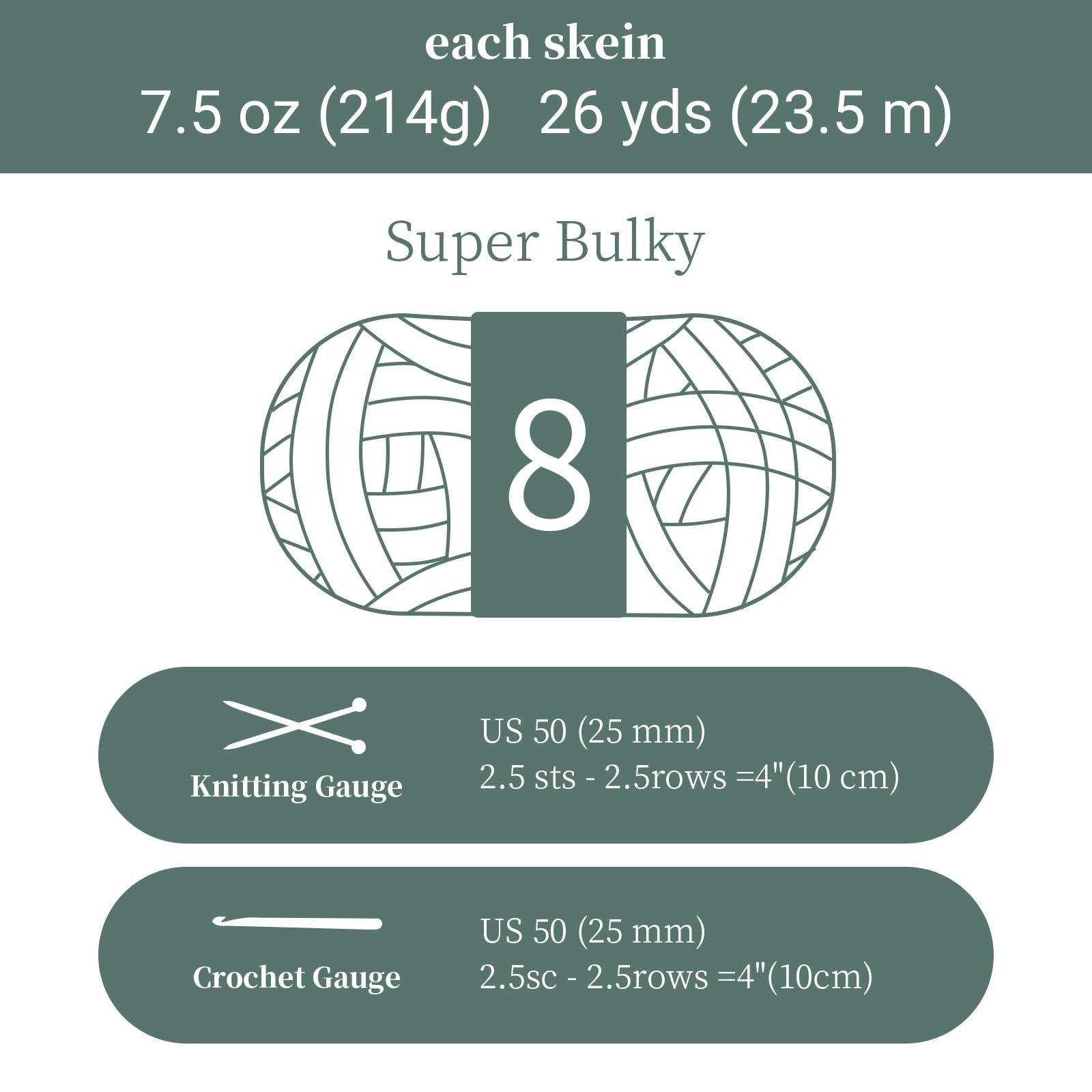 Illustration of a super bulky yarn skein with gauge information for knitting and crochet.