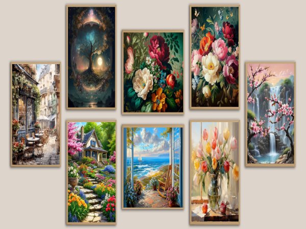 Collection of seven framed landscape and floral paintings displayed on a neutral background.
