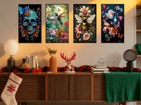 Four framed art prints depicting a skull with butterflies, a hummingbird near a jar, a bee among flowers, and butterflies on flowers, displayed on a wall above a wooden cabinet.